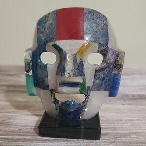 Folk Art Aztec Mayan Onyx Abalone Semi Precious Stone Mosaic Burial Face Mask